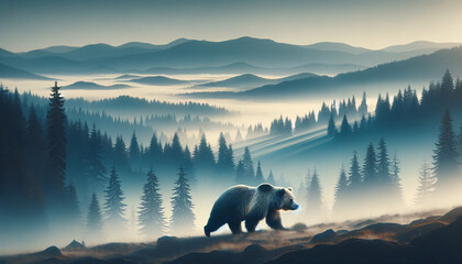 A grizzly bear walking across a misty landscape. The bear, captured in full profile, strolls along a forest's edge