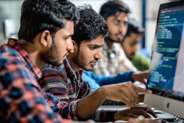 Group of Indian men sitting in front of a laptop, working together on software development projects, A group of Indian men collaborating on a software development project