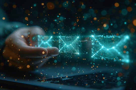 A concept image of a person engaged with a floating digital email network interface with glowing connections