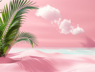 Tropical vacation theme with palm leaf and cloud on sandy beach set against pink wave background.
