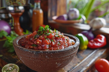 Homemade mexican salsa in brown bowl