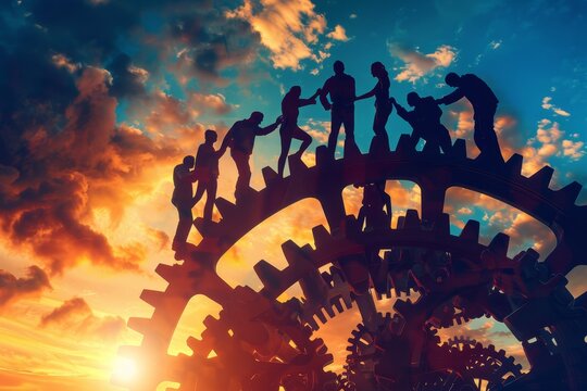 Group of individuals standing on a massive clock, teamwork and achievement visible, A group of individuals working together to achieve a common goal