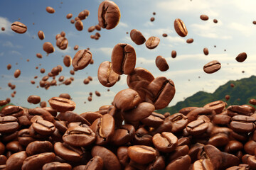 Obraz premium generated illustration of coffee beans falling downward on a blue sky background