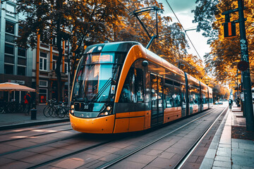 modern tram on the city street