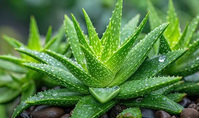 Obraz premium Fresh Aloe Vera Plant With Dew Drops.