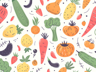 Adorable hand-drawn vegetable cartoon pattern in fresh colors for fabric, paper, apron, logo, stickers, crafts. Ideal for all your creative projects.