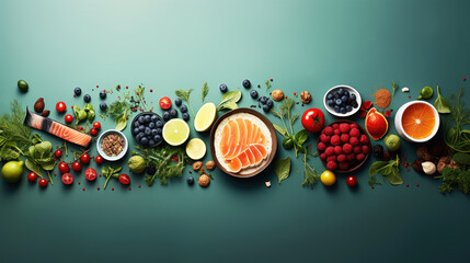 generated illustration of  balanced diet plan with fresh vegetables and fruits on the table