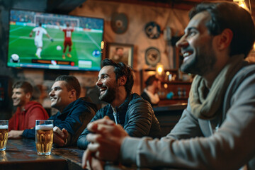 football fans drinking beer and watching soccer game in the sportsbar
