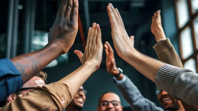 a victorious team celebrating a successful project completion. smiles and expressions of joy. teamwork and collective success.