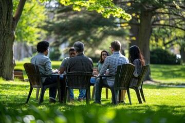 People engaged in lively conversation at outdoor table in a park, A group of people having a lively discussion in a park