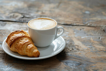 Croissant with cup of coffee on wooden table