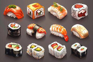 Illustration of different sushi on dark background