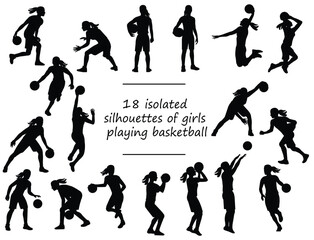 Black silhouette of a women's basketball girl player who jumps high to throw a ball into a hoop with two hands