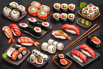 Illustration of different sushi and maki on dark background