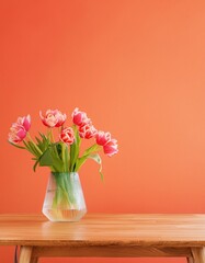 Fototapeta premium Spring Serenade: Tulips on Wooden Table Against Coral Wall