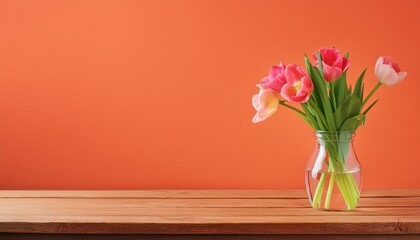 Minimalist Chic: Wooden Table with Tulip Bouquet