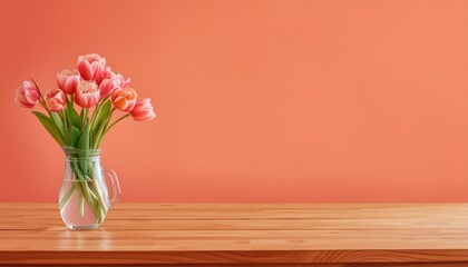 Rustic Simplicity: Tulips on Wooden Table by Coral Wall