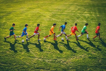 Group of young men in colorful uniforms actively playing a soccer match on a grassy field, A group of players in colorful uniforms on a grassy field
