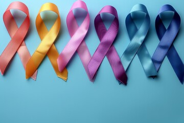 A straight line of multicolored awareness ribbons symbolizing support for various causes on a clean turquoise surface