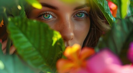 Close-up portrait of woman's face framed by colorful flowers and green leaves.