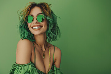 happy young woman with green hair in green sunglasses and green dress over green background