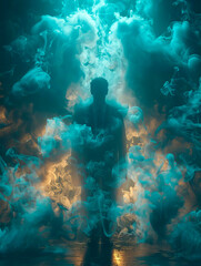 Moody and atmospheric depiction of a businessman surrounded by smoke in a dark studio