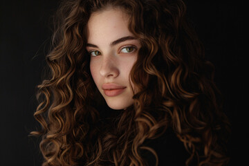 Curly hair of young woman on the black background