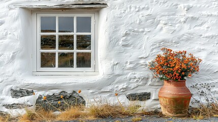   A potted plant sits beside a window on a white building with a transparent pane