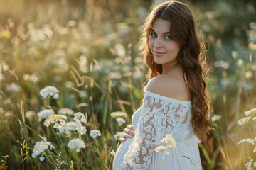 beautiful pregnant woman in white dress in summer meadow