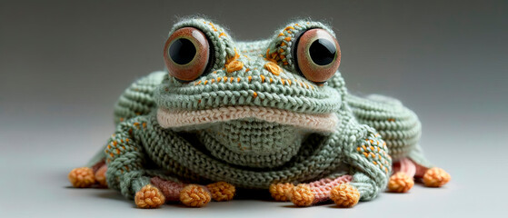 a knitted frog plush toy with bulging eyes and webbed feet against an white background - obrazy, fototapety, plakaty
