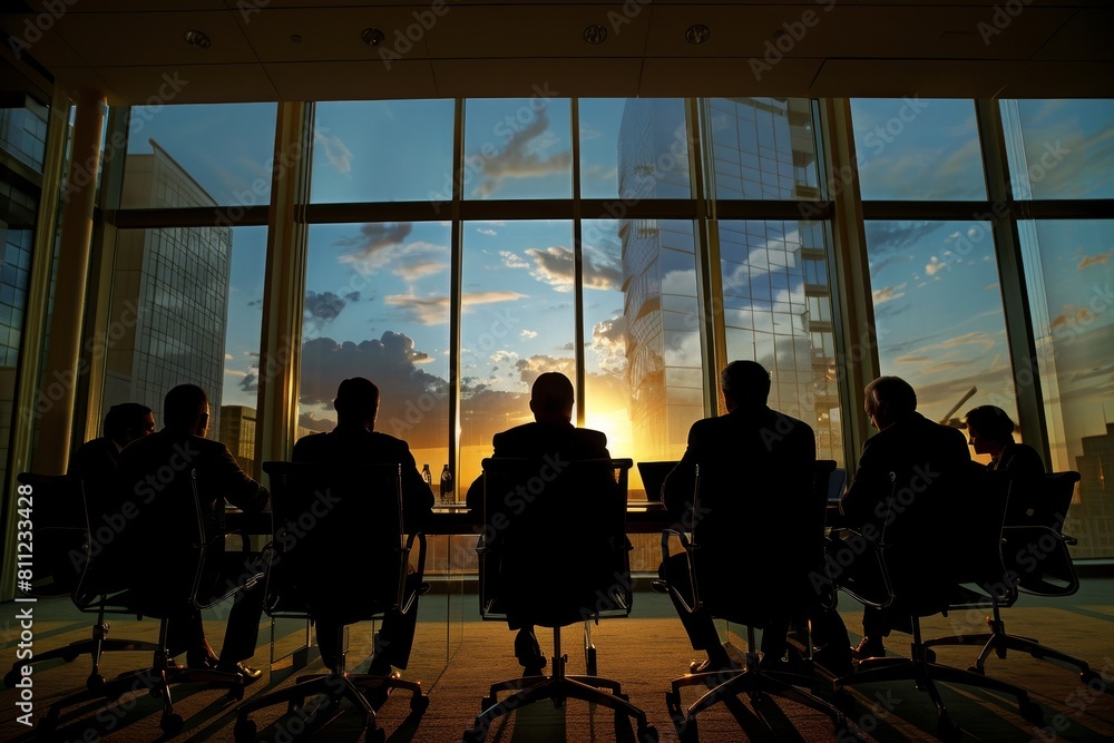 Poster group of professionals seated at a table in a boardroom with a window in the background, a group of 