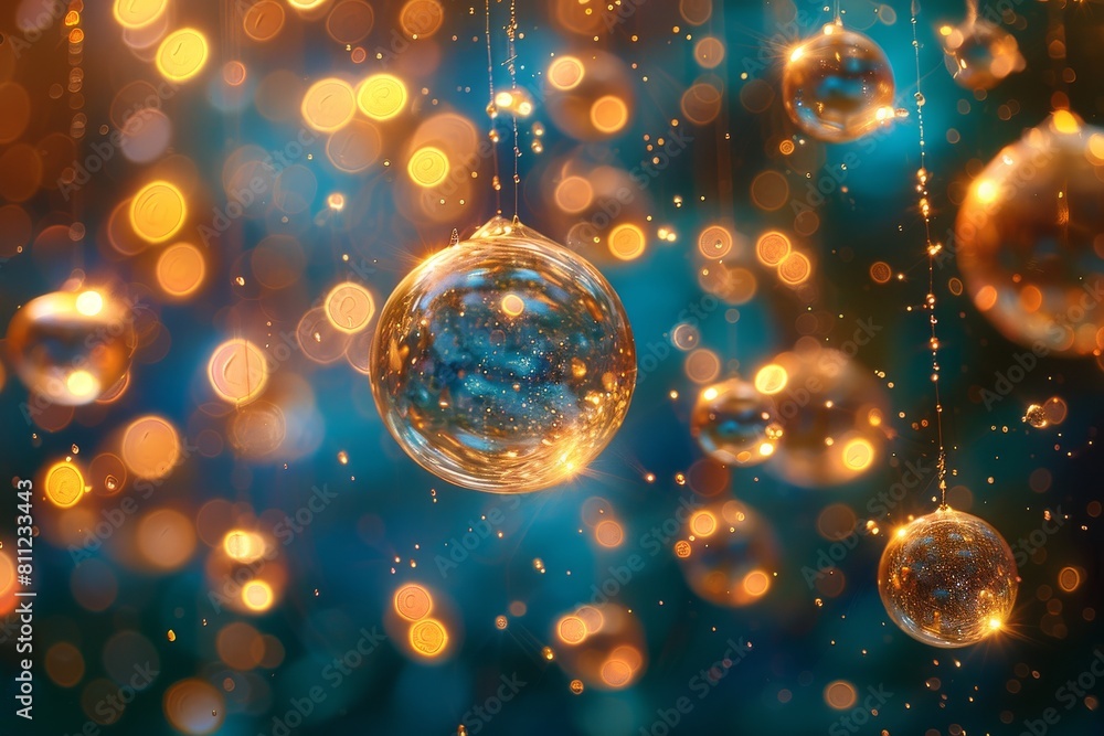 Poster magical display of sparkling translucent spheres surrounded by a bokeh of festive lights illuminatin