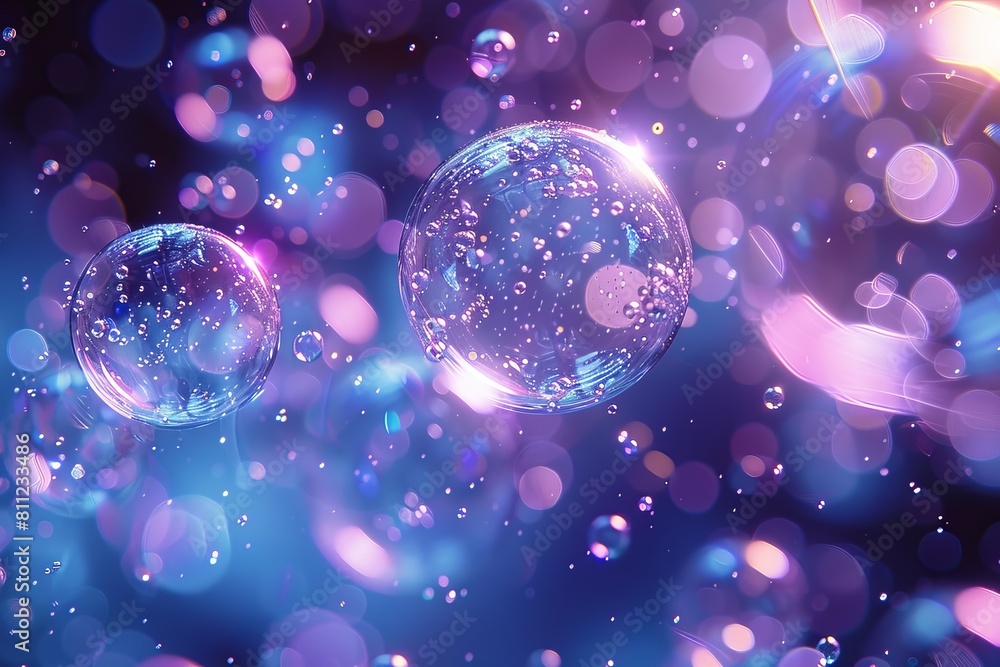 Poster iridescent bubbles of varying sizes float gracefully amidst a vibrant blue backdrop filled with ligh