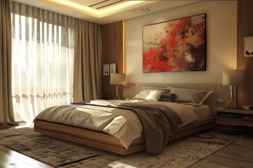 Tranquil Feng Shui Bedroom with Artwork and Cozy Bedclothes for a Goodnight's Sleep