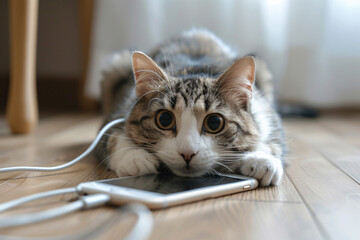 Cute cat is chewing the phone chargin wire