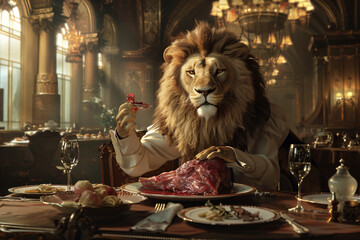 Lion in human clothes eating meat in restaurant