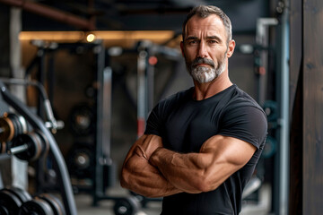 Mature muscular man in modern gym on background