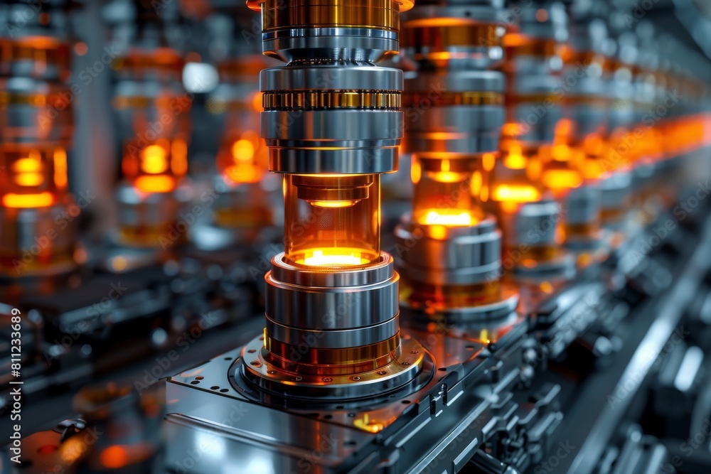 Poster close-up of a precision industrial machine part with orange glowing elements, set in a factory envir