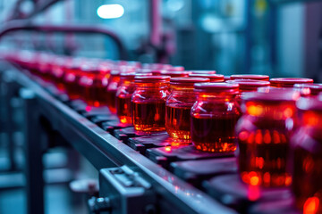 Row of red jars being transported on conveyor belt in industrial factory