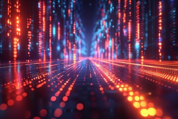 Obraz premium This image depicts a vibrant abstract visualization resembling a data stream with neon red and blue lights