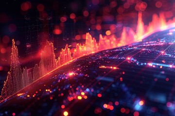 Obraz premium A digital representation of financial market analysis with colorful light patterns simulating graphs and data movement