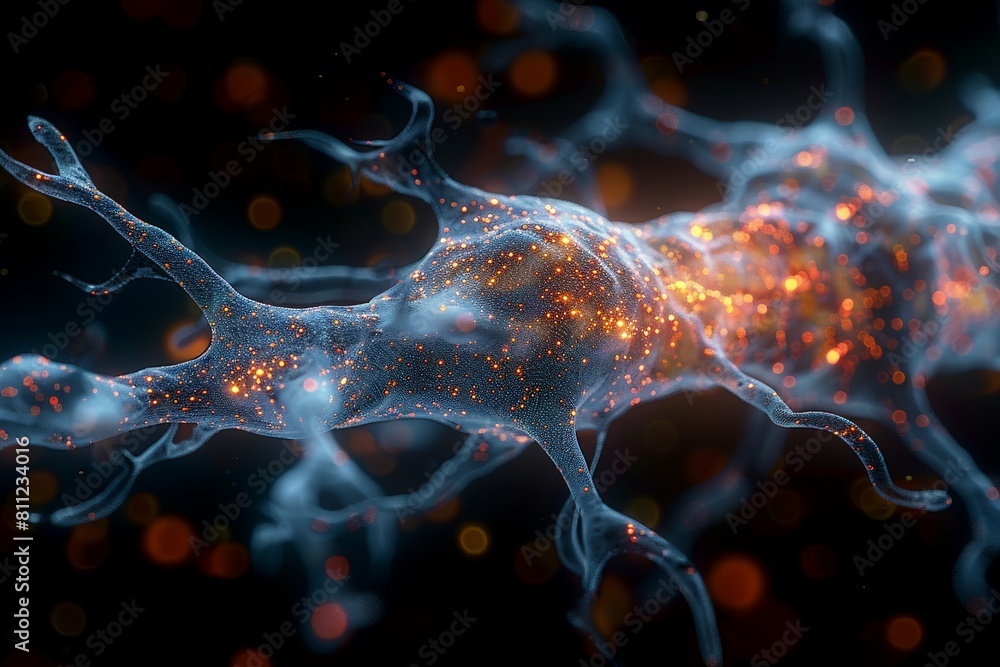 Poster visualization of a complex neural network with shimmering orange connections on a dark backdrop