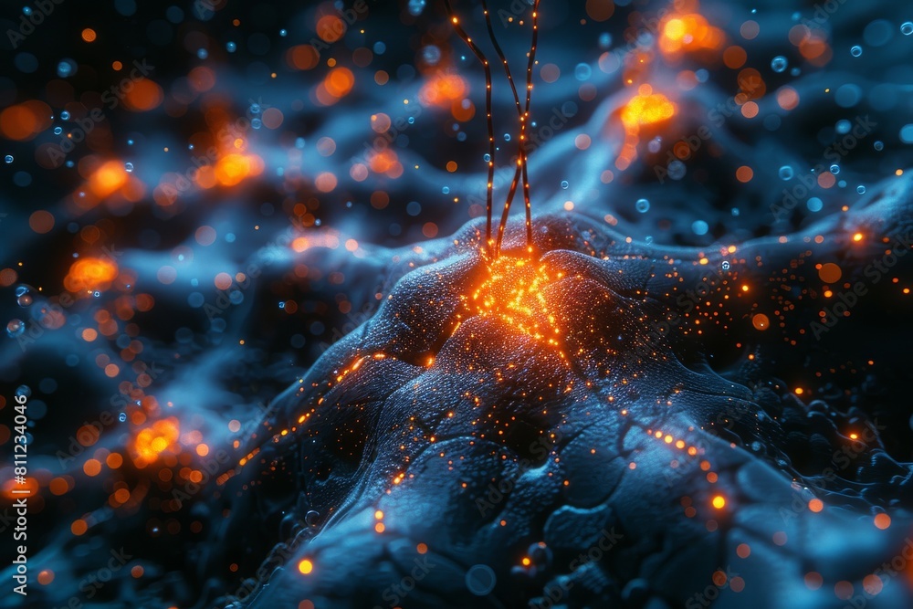 Poster close-up of a synapse with intense fiery exchanges in a dark biological environment