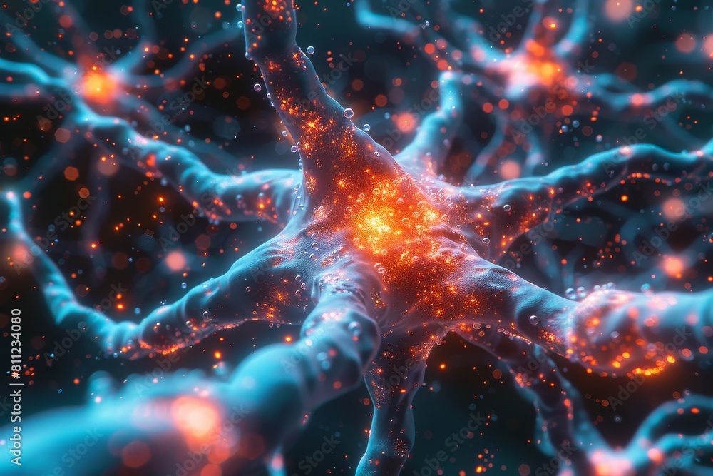 Poster detailed representation of a neural network with blue fibers and bright fiery nodes