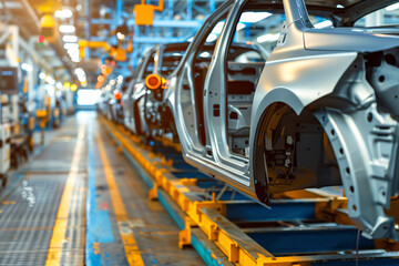 car manufacturing, conveyer with car details on the modern factory