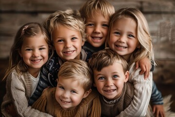 Fototapeta premium Siblings standing together, smiling, and posing for a family portrait, A group of siblings posing for a family portrait with big smiles