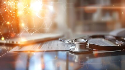 Obraz premium Background with stethoscope and medical documents in doctors office healthcare concept. Concept Healthcare Professionals, Medical Background, Doctor's Office, Stethoscope, Medical Documents