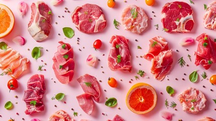 Variety organic meat products on the top view background