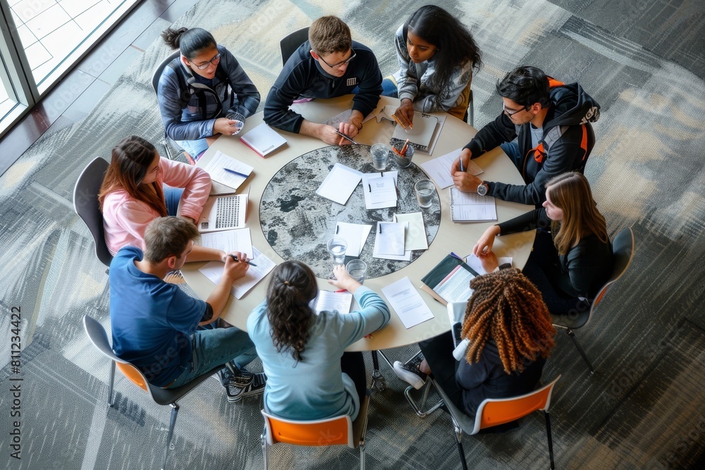 Poster group of students actively discussing while sitting around a round table, a group of students collab