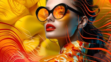 Fototapeta premium Colorful collage with iconic models in retro styles embracing eras in detail. Concept Fashion Photography, Iconic Models, Retro Styles, Colorful Collage, Era-inspired Details